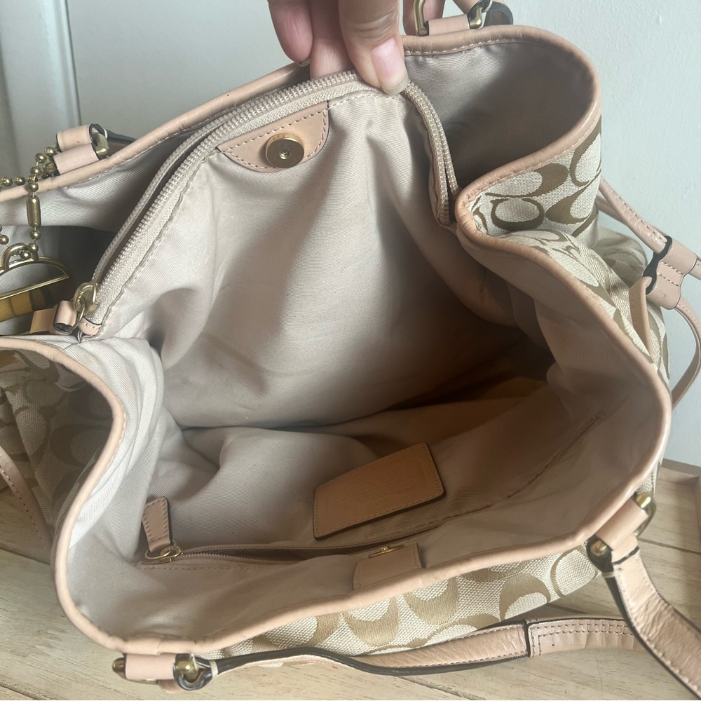 Coach Tan Signature Canvas Tote with Teal Center Stripe - Picture 14 of 16